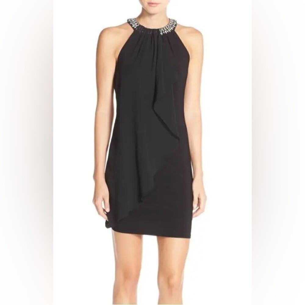 Adrianna Papell Beaded Chiffon Overlay Black Jersey A-Line Mini Dress Cocktail 8